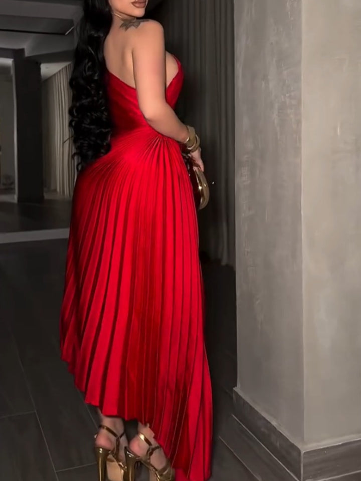 One-shoulder Pleated Dress