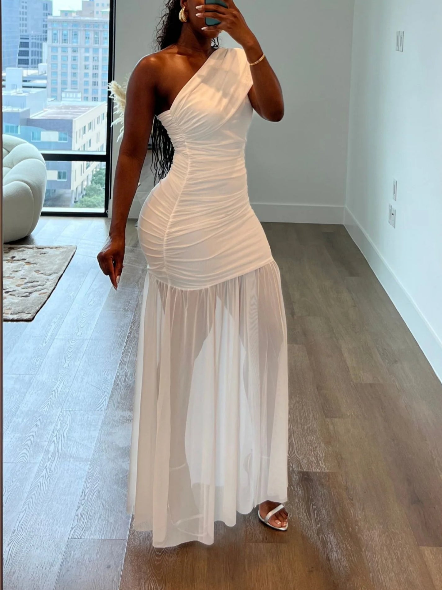 One-shoulder Pleated Tulle Maxi Dress