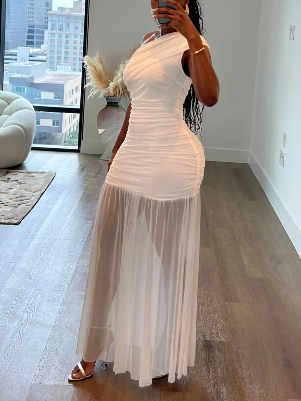 One-shoulder Pleated Tulle Maxi Dress