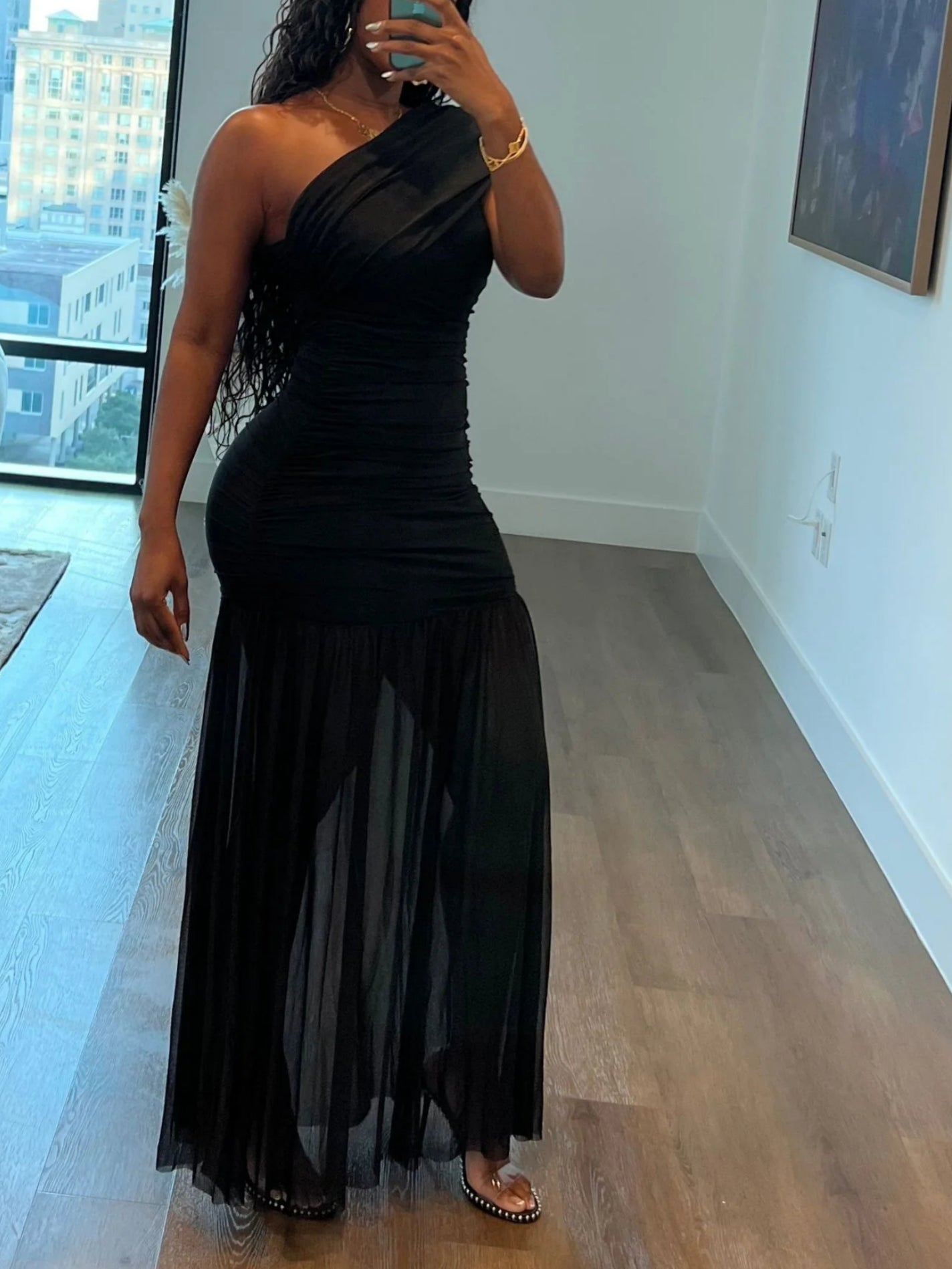 One-shoulder Pleated Tulle Maxi Dress