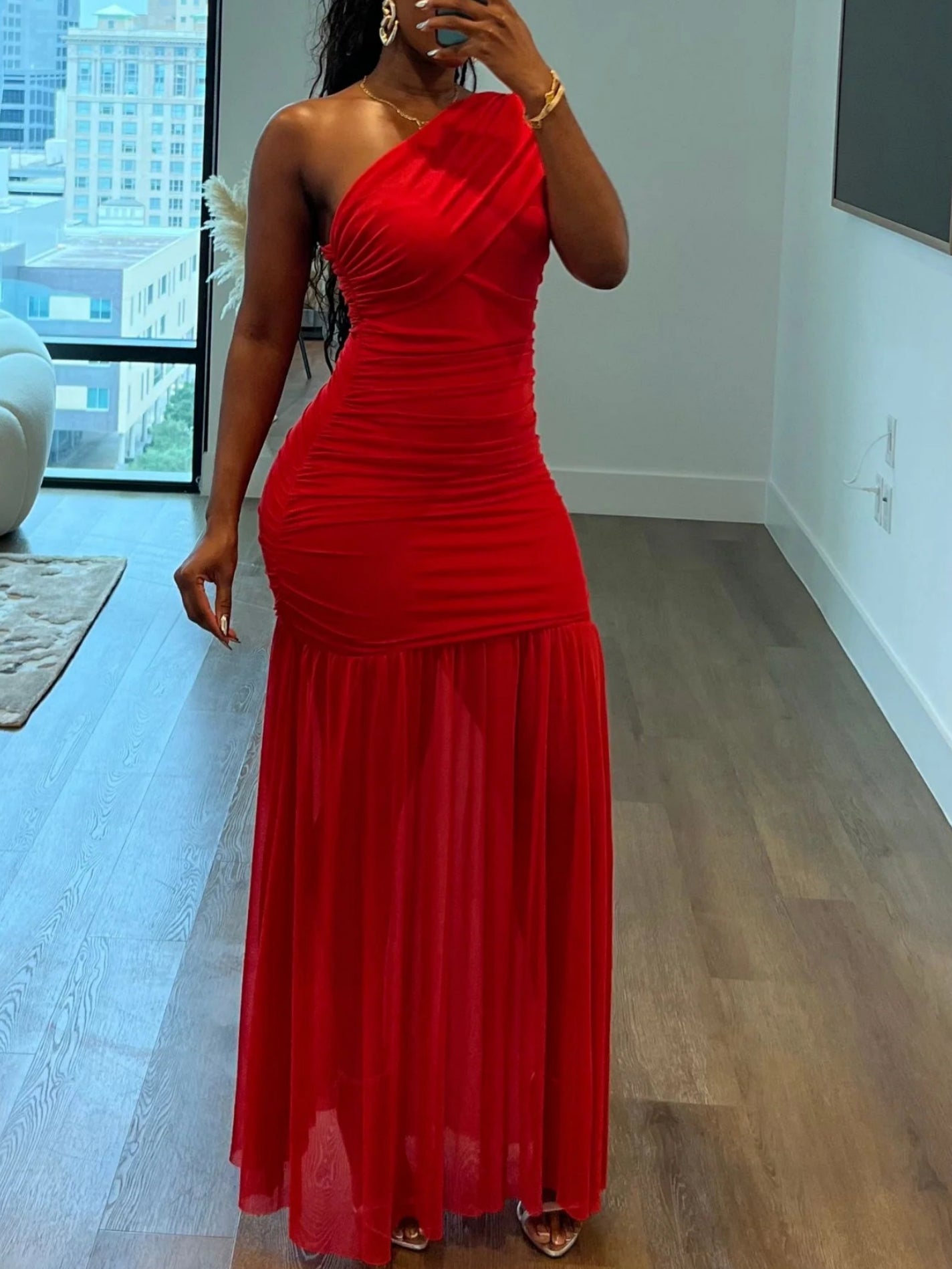 One-shoulder Pleated Tulle Maxi Dress