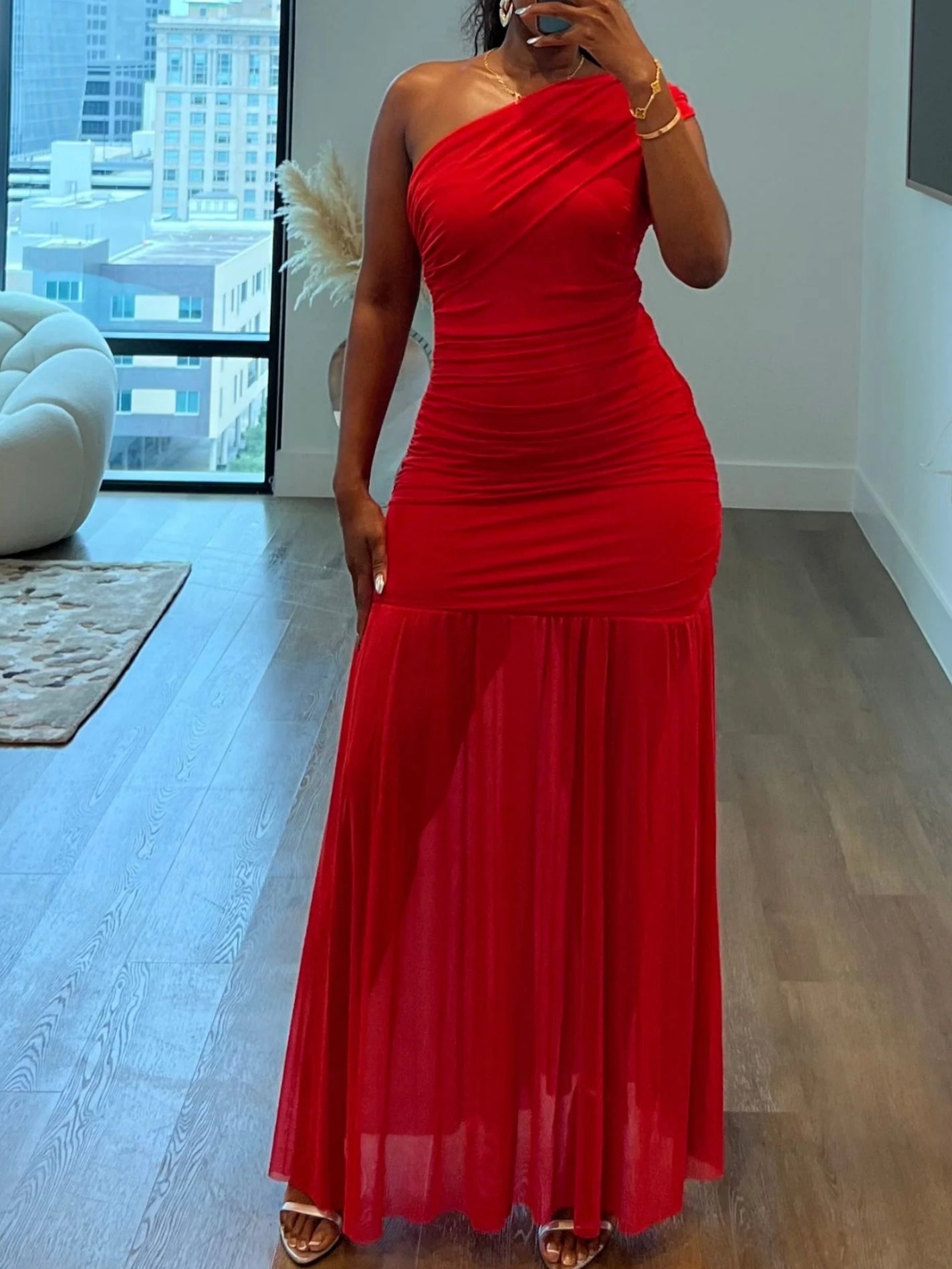 One-shoulder Pleated Tulle Maxi Dress