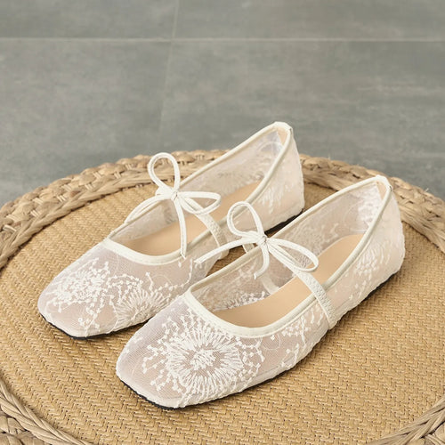 Bow Accent & Charming Embroidery Square Toe Mesh Women's Flat