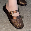 Cowhide Rhinestone Buckle Mesh Sandals