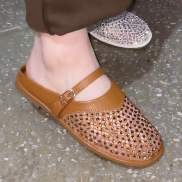 Rhinestone Square Buckle Mesh Sandals