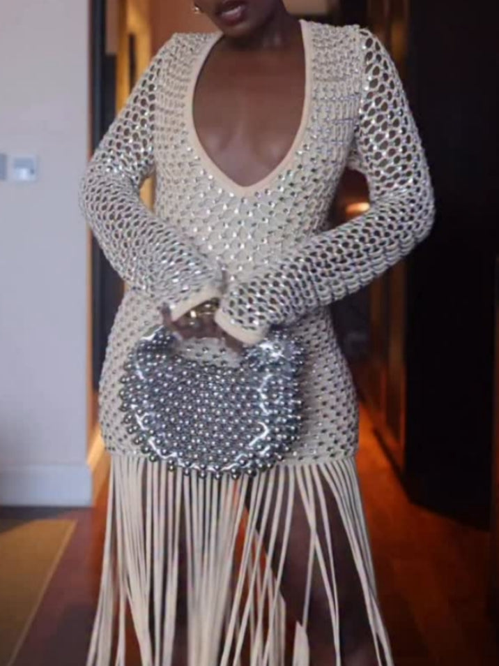 Long-sleeved Mesh Deep V-neck Tassel Dress
