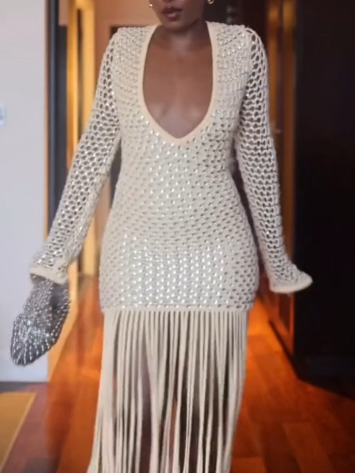 Long-sleeved Mesh Deep V-neck Tassel Dress