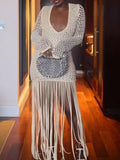 Long-sleeved Mesh Deep V-neck Tassel Dress