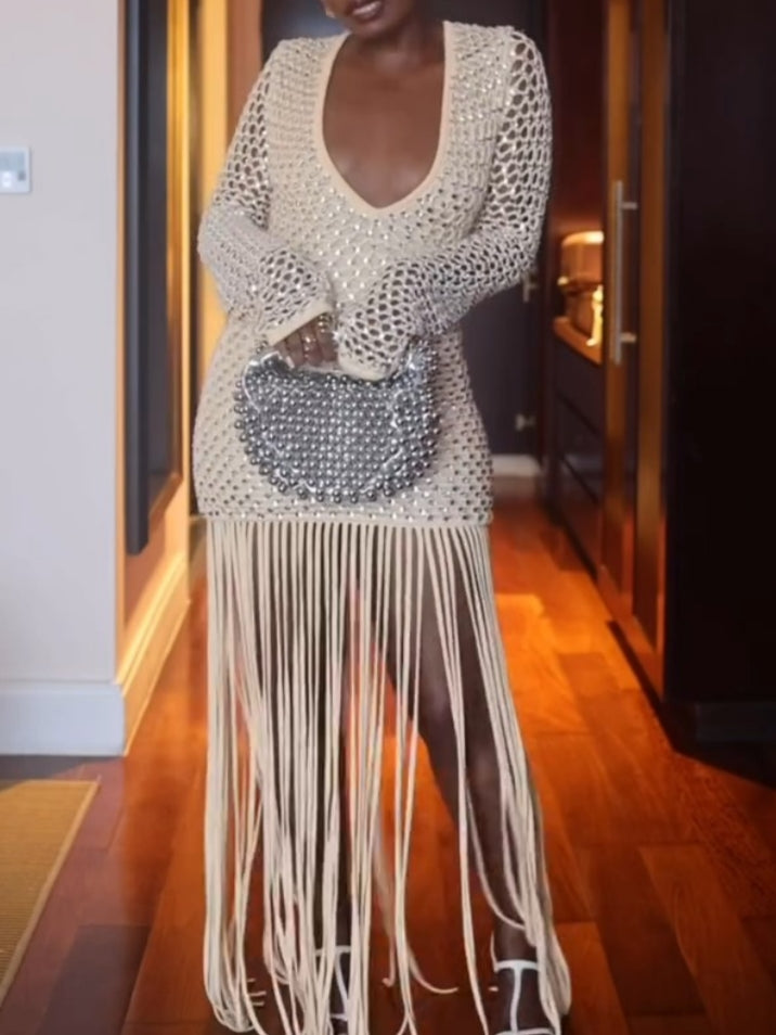 Long-sleeved Mesh Deep V-neck Tassel Dress