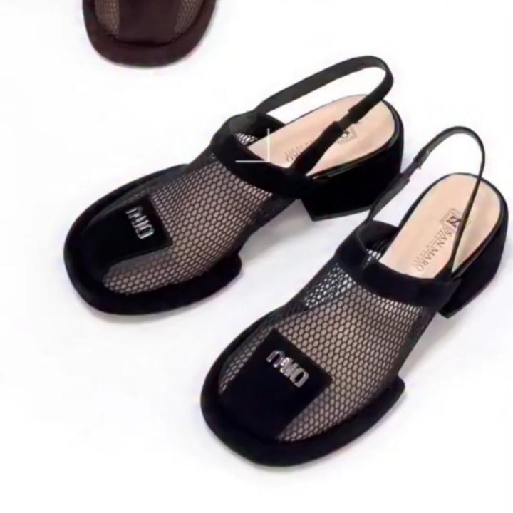 Mesh Chunky Heel Sandals
