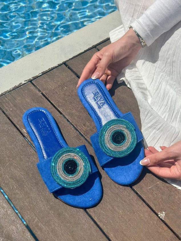 Blue Rhinestone Eye Flat Sandals