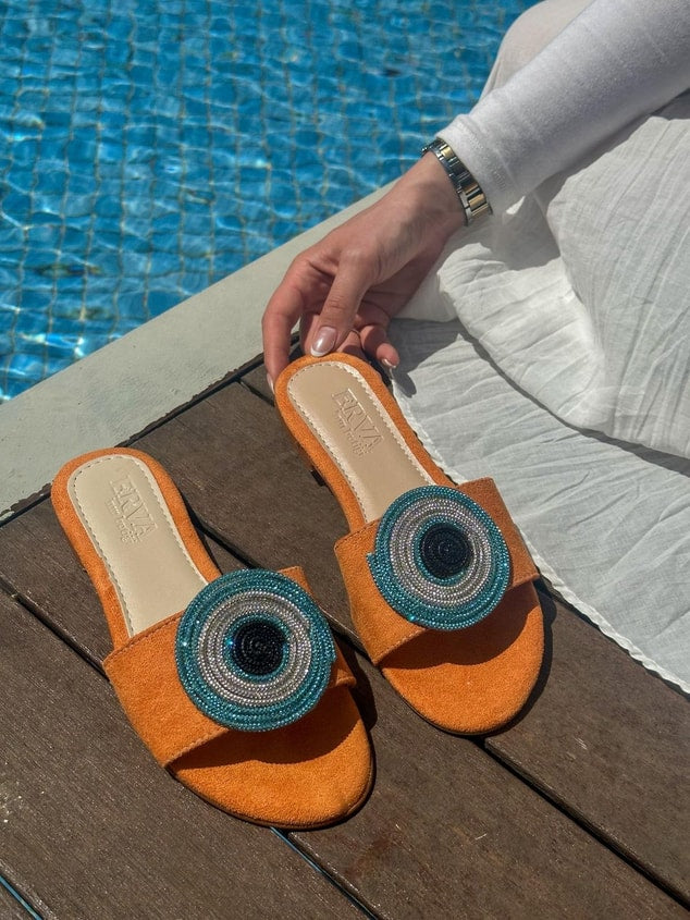 Blue Rhinestone Eye Flat Sandals