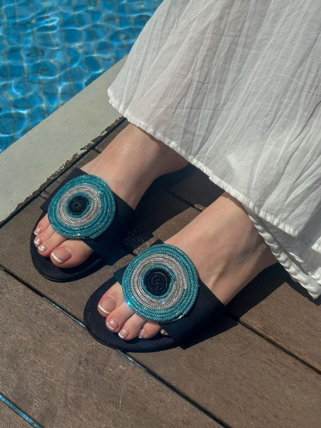 Blue Rhinestone Eye Flat Sandals