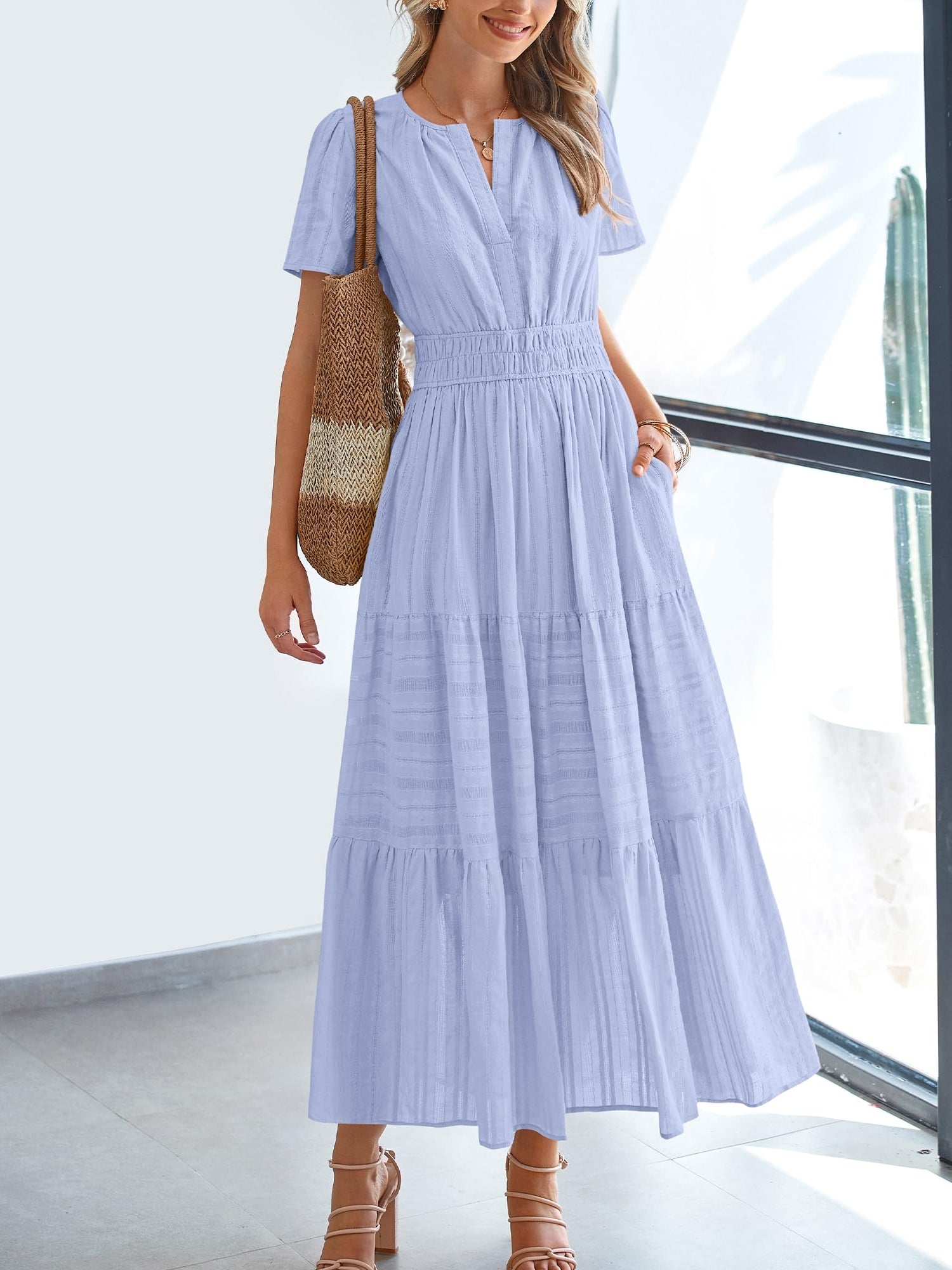 Casual Lightweight V Neck Elastic Waist Boho Maxi Dresses