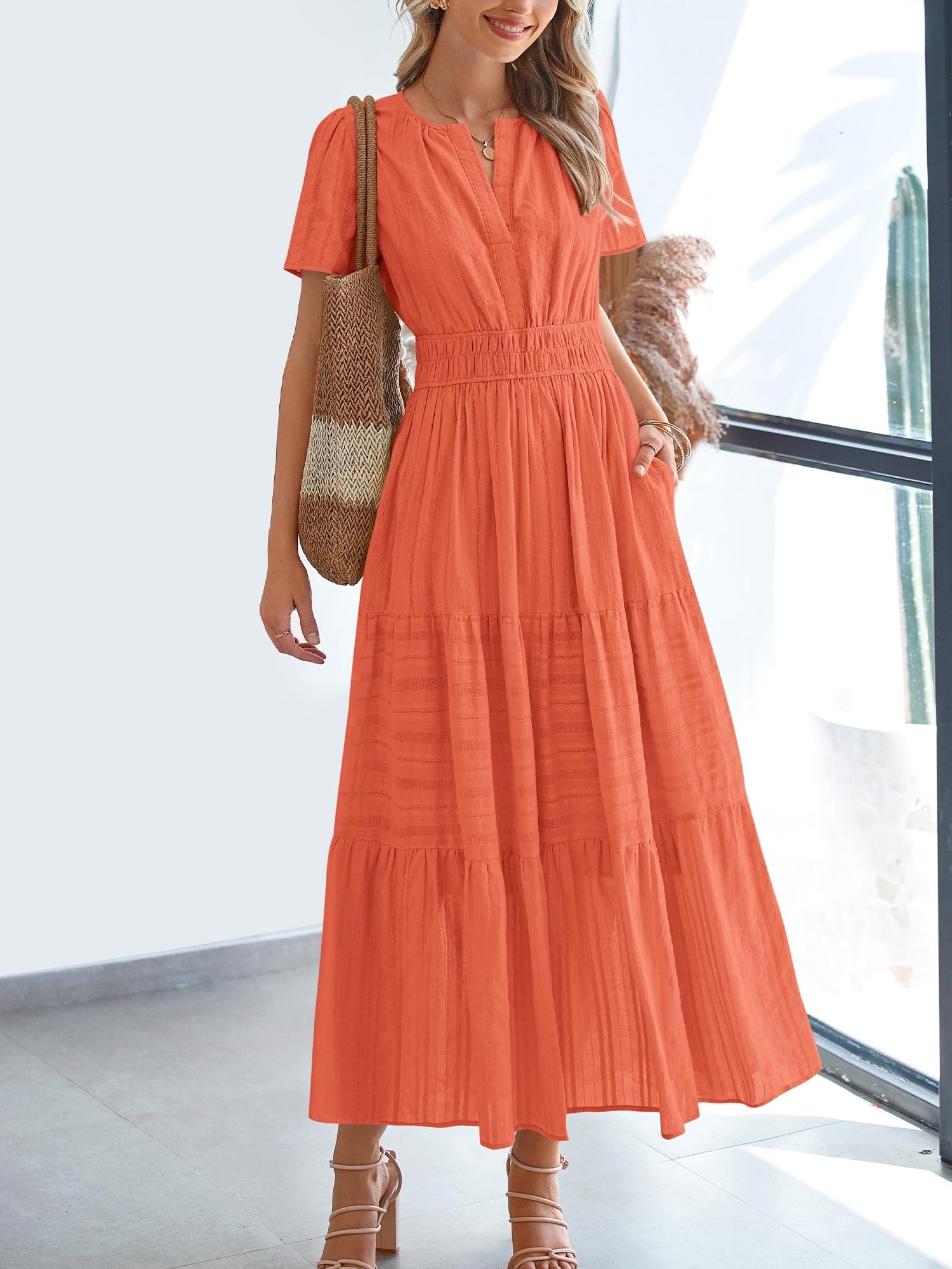 Casual Lightweight V Neck Elastic Waist Boho Maxi Dresses