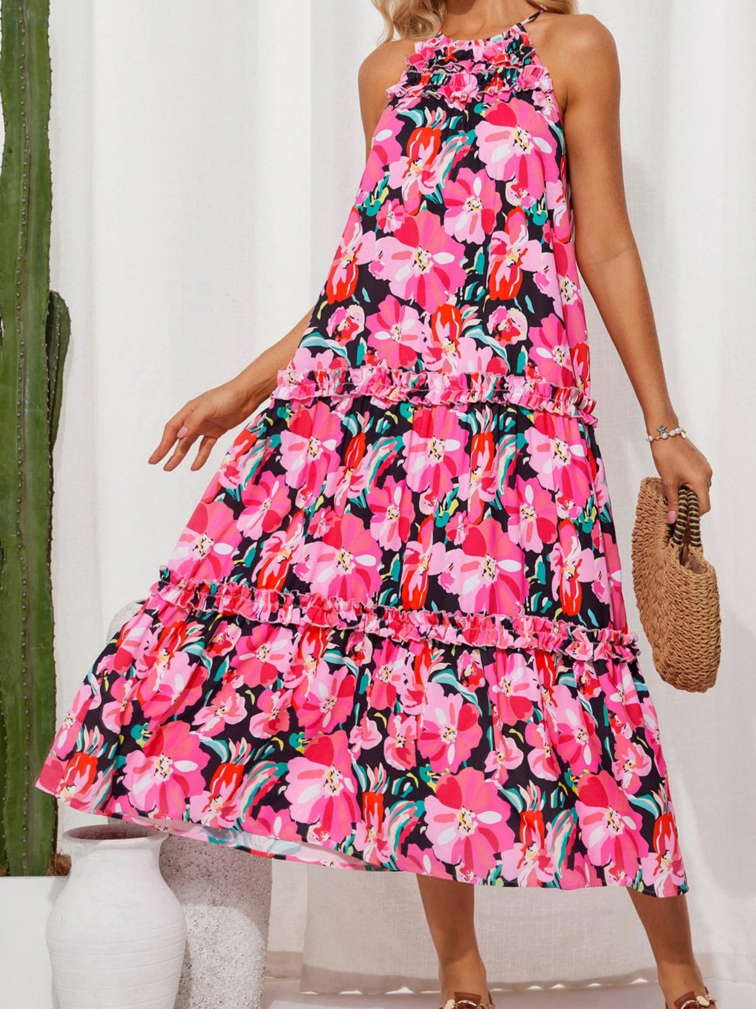 Women Casual Bohemian Halterneck Vacation Beach Dress